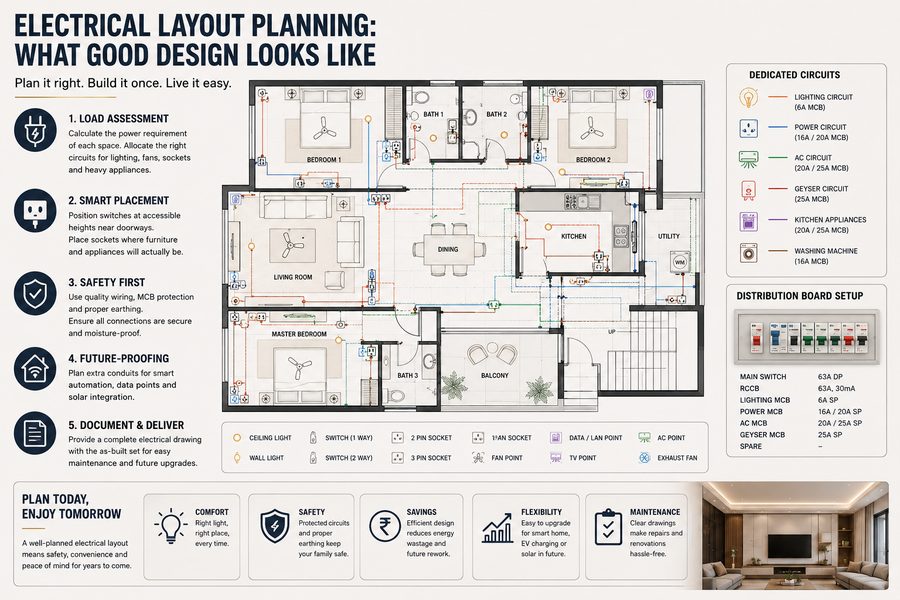 Electrical wiring and switchboard layout planning for homes - Mu'afah Architects Chennai