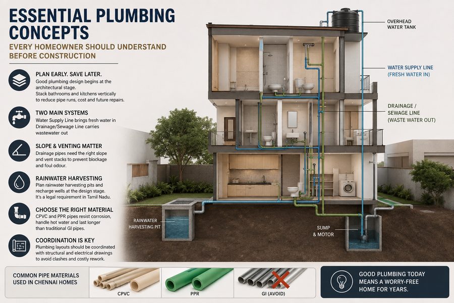 Plumbing pipe planning and installation for residential construction - Mu'afah Architects Chennai